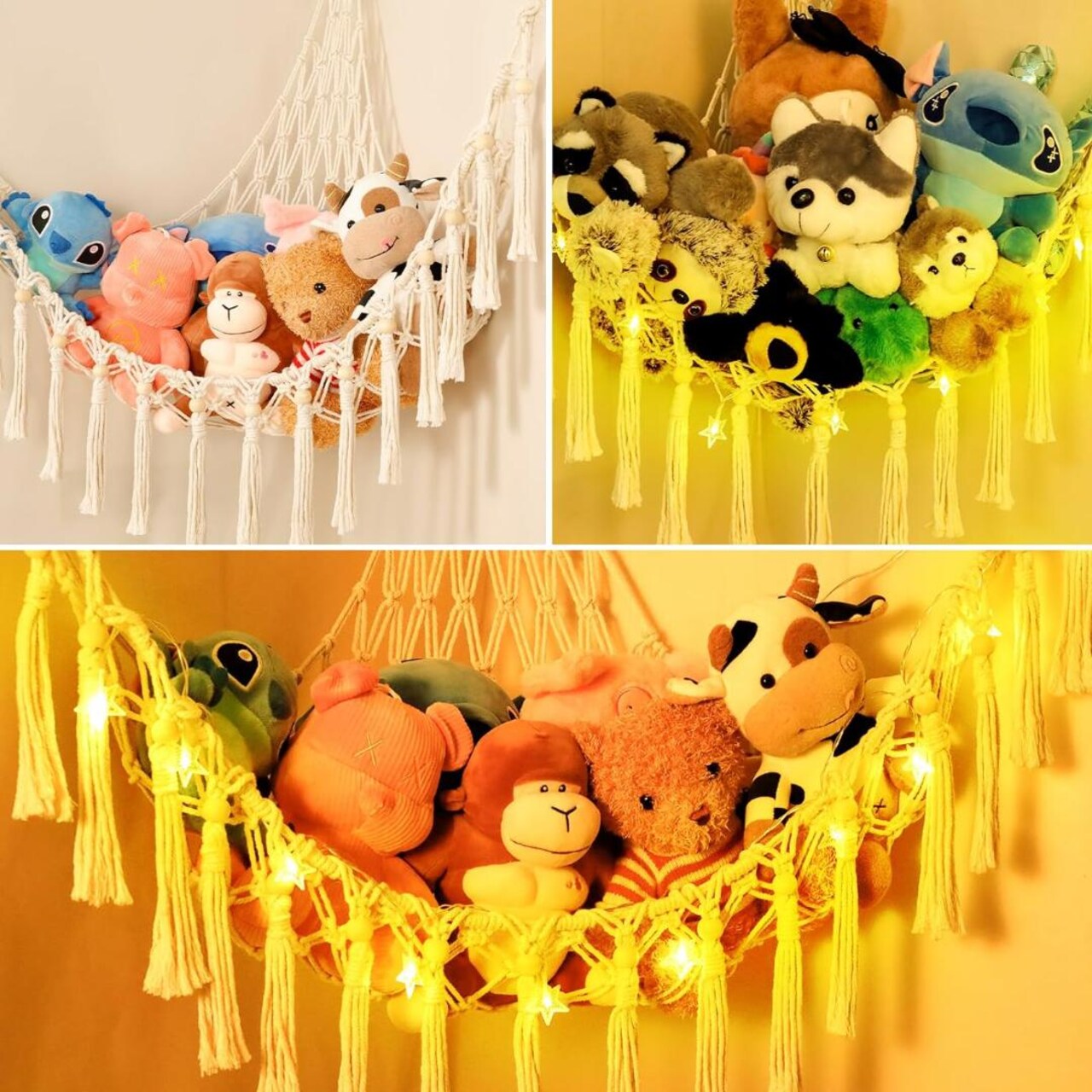Razella Macrame Net Hammock With LED Light For Corner Storage Of Stuffed Animals